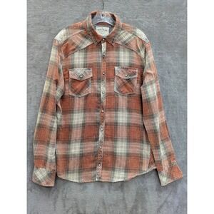 BKE Vintage‎ Plaid Pearl Snap Shirt Mens Large Athletic Fit Orange Tan Western